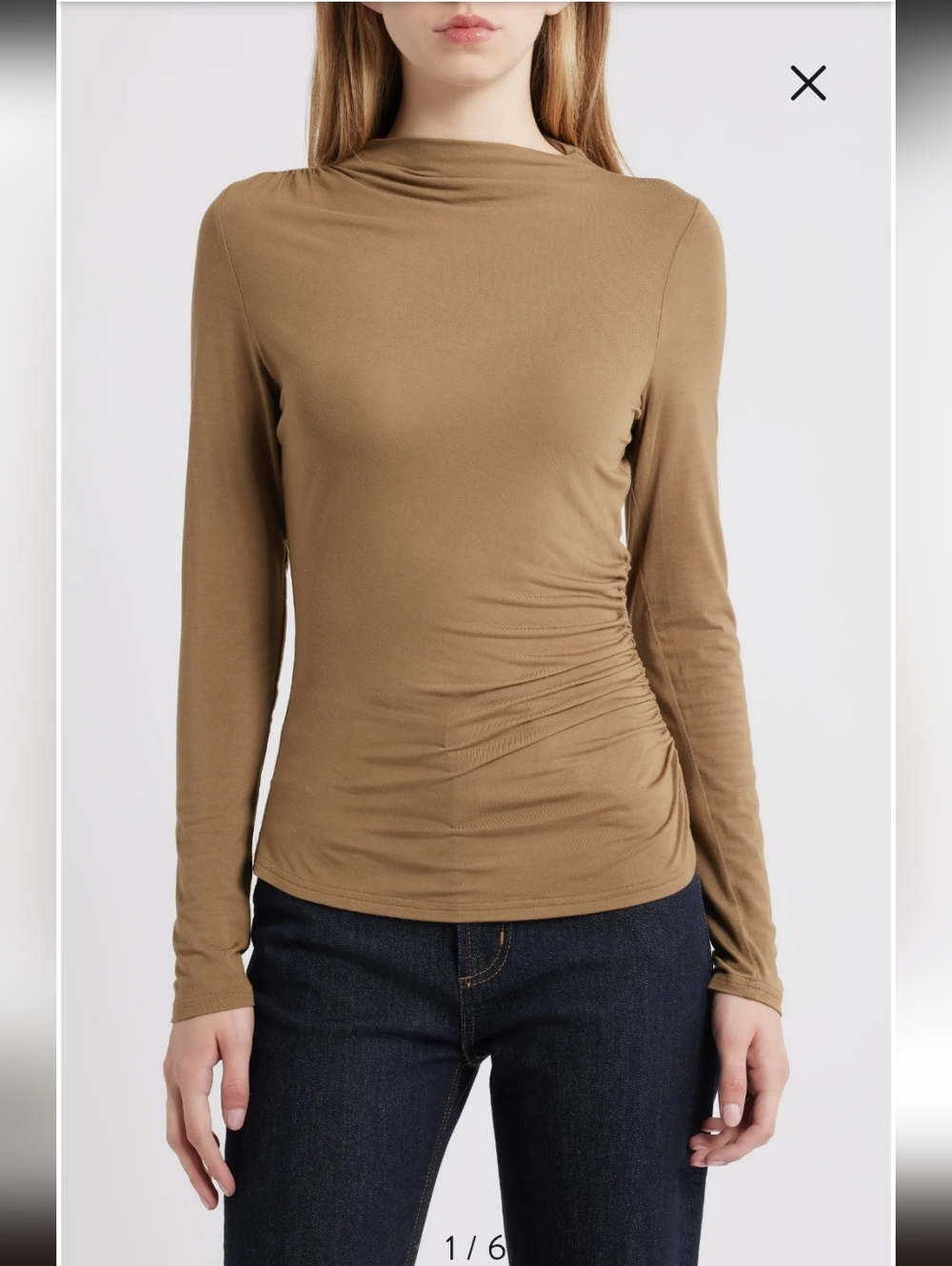 Rails Sz XS Olive Green Joelle Ruched Funnel Neck Side Long Sleeves Stretchy Top
